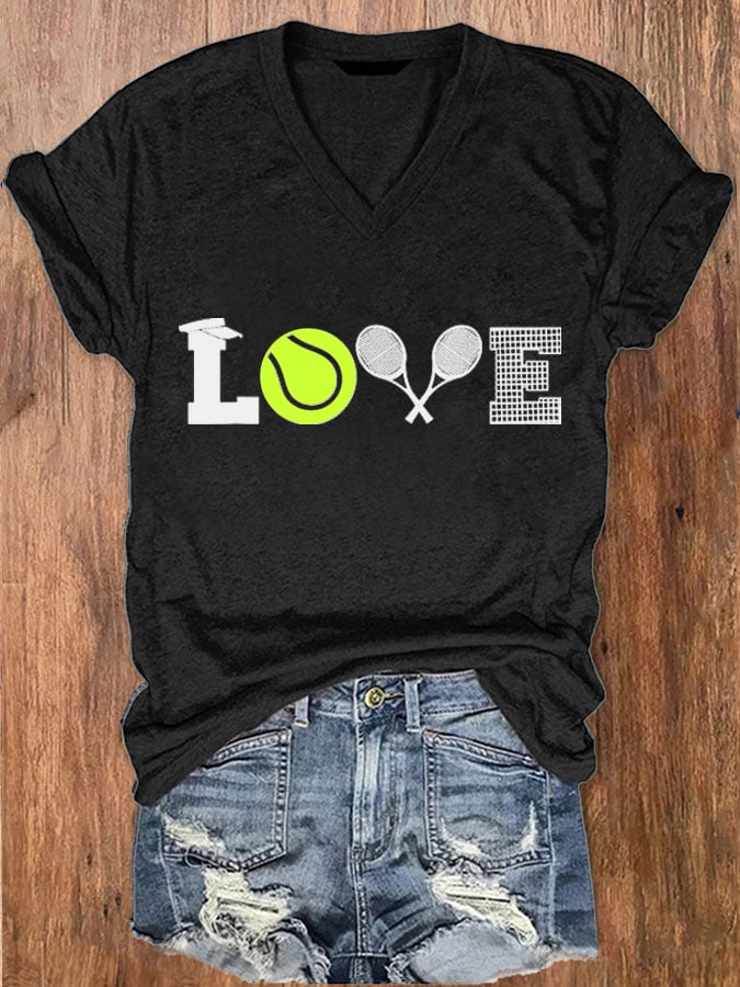 Women's Love Tennis Print V-Neck T-Shirt