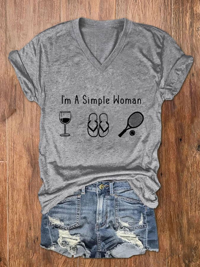 Women's I'm A Simple Woman Tennis Print V-Neck T-Shirt