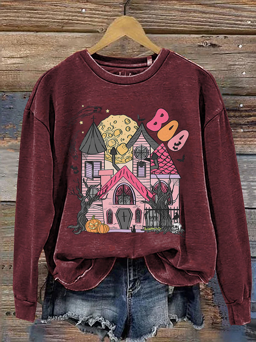 Castle Ghost Boo Halloween Casual Print Sweatshirt