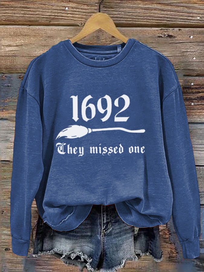 Women's 1692 They Missed One Salem Witch Printed Round Neck Long Sleeve Sweatshirt