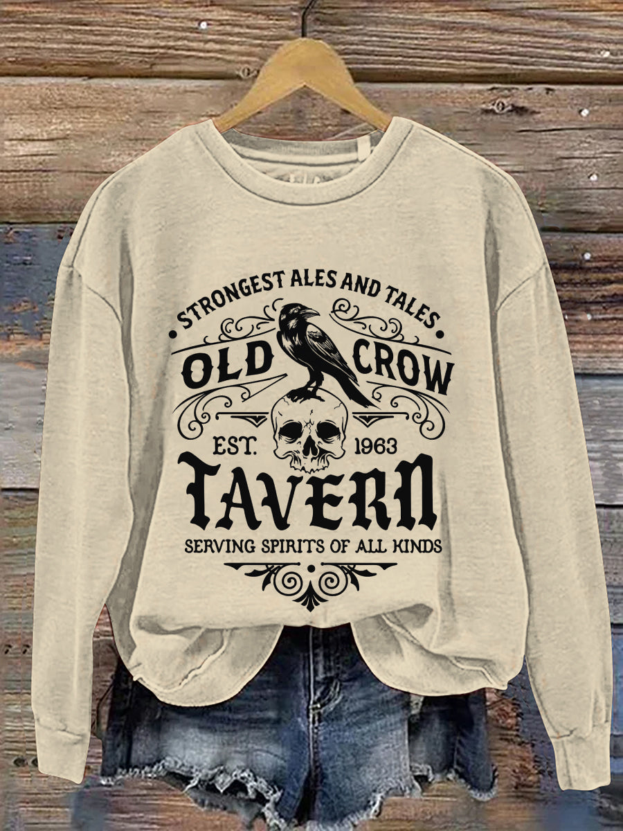 Strongest Ales And Tales Old Crow Tavern Serving Spirits Of All Kinds Halloween Art Print Casual Sweatshirt