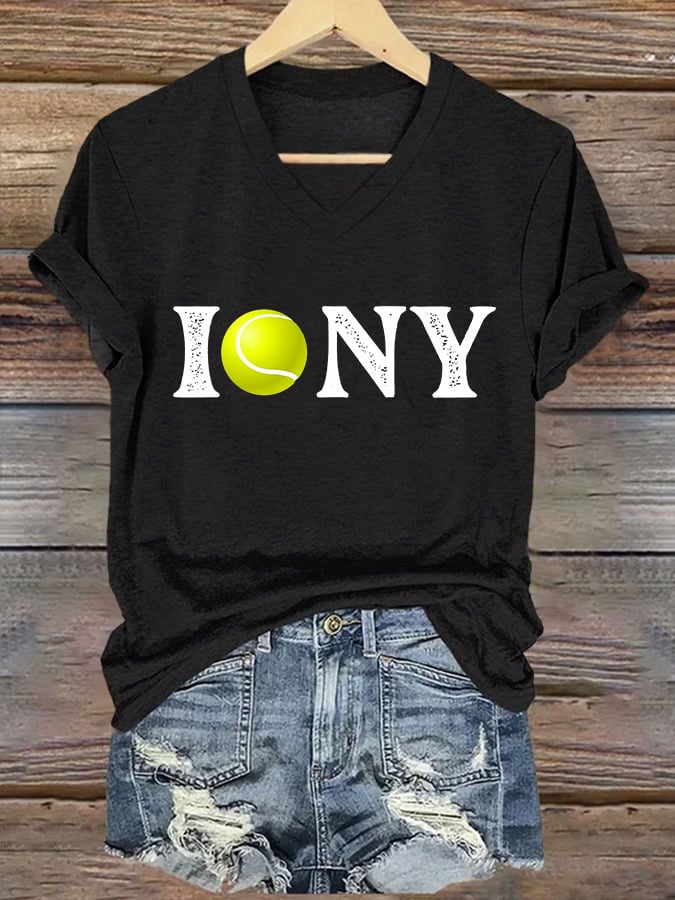 Women's V-neck Retro US Open New York I Love Tennis Print T-Shirt