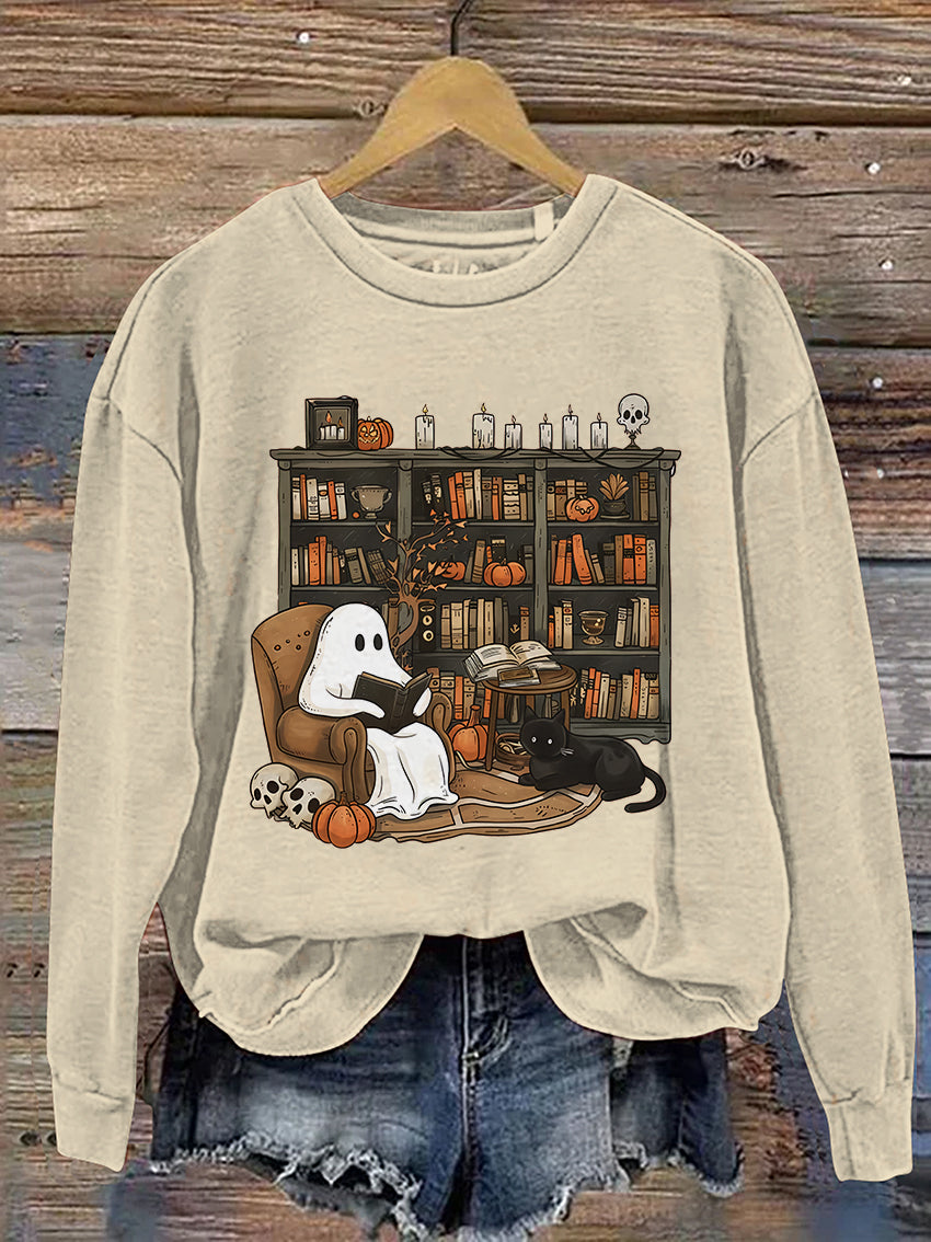 Retro Ghost Reading Books Librarian Ghost Halloween Casual Print Sweatshirt