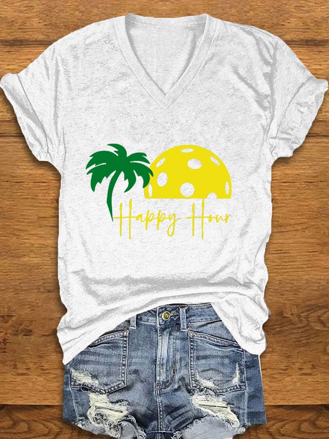 Women's Pickleball "HAPPY HOUR" Printed T-shirt