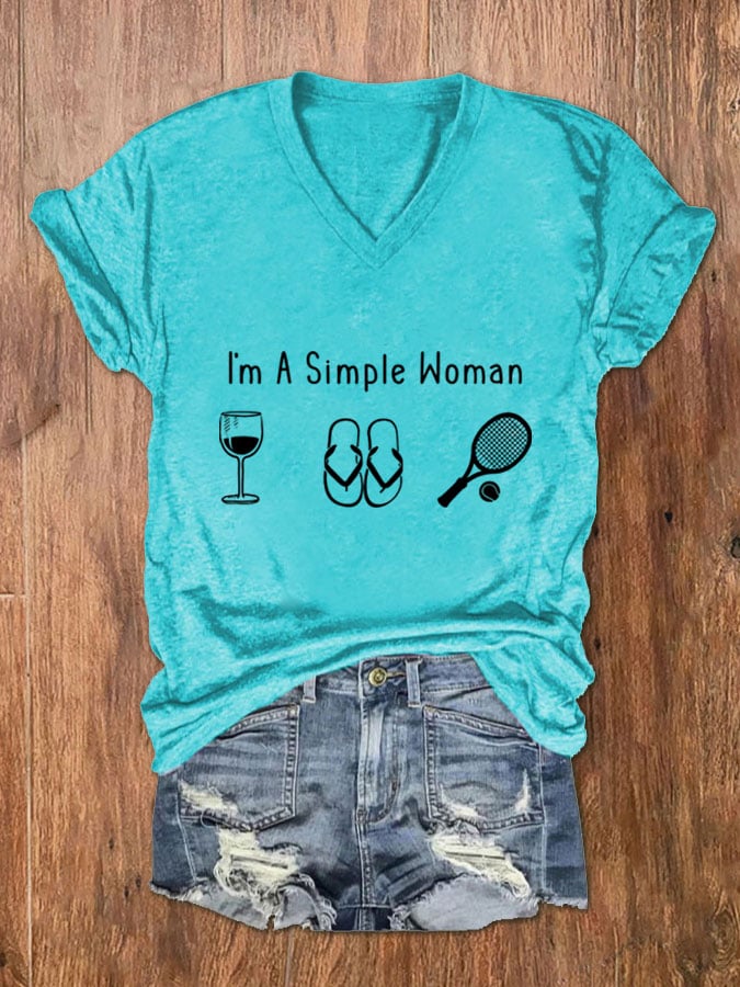 Women's I'm A Simple Woman Tennis Print V-Neck T-Shirt