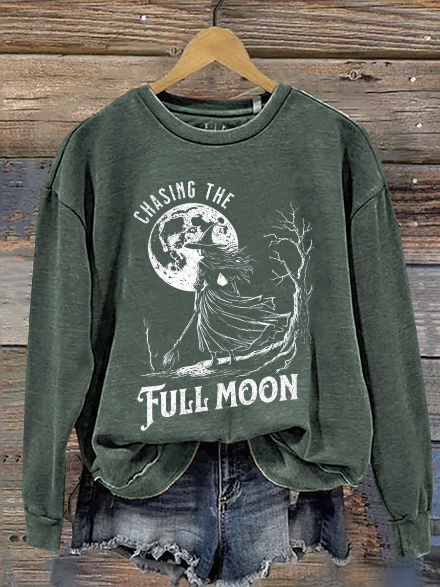 Chasing The Full Moon Witch Halloween Art Print Casual Sweatshirt