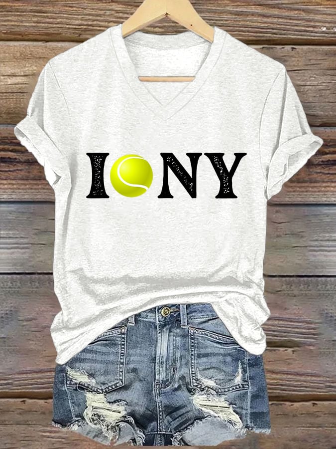 Women's V-neck Retro US Open New York I Love Tennis Print T-Shirt