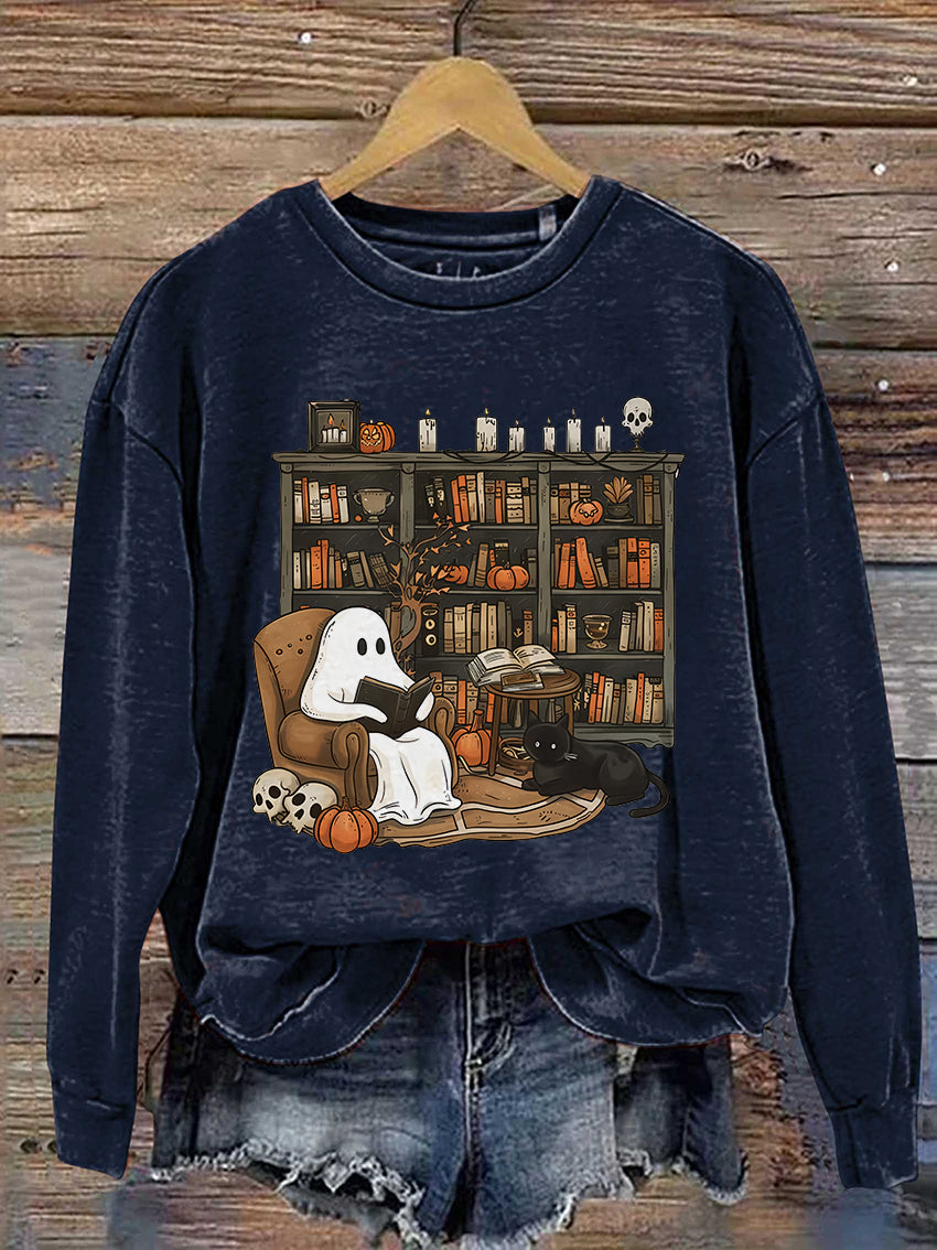 Retro Ghost Reading Books Librarian Ghost Halloween Casual Print Sweatshirt