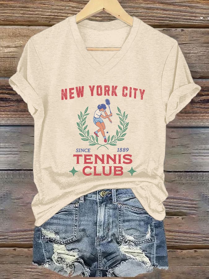 Women's V-neck Retro Tennis Club New York City Print T-Shirt