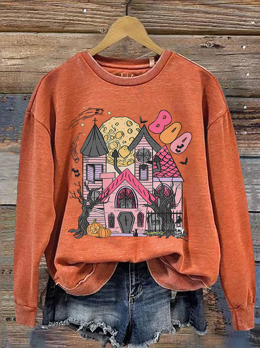 Castle Ghost Boo Halloween Casual Print Sweatshirt