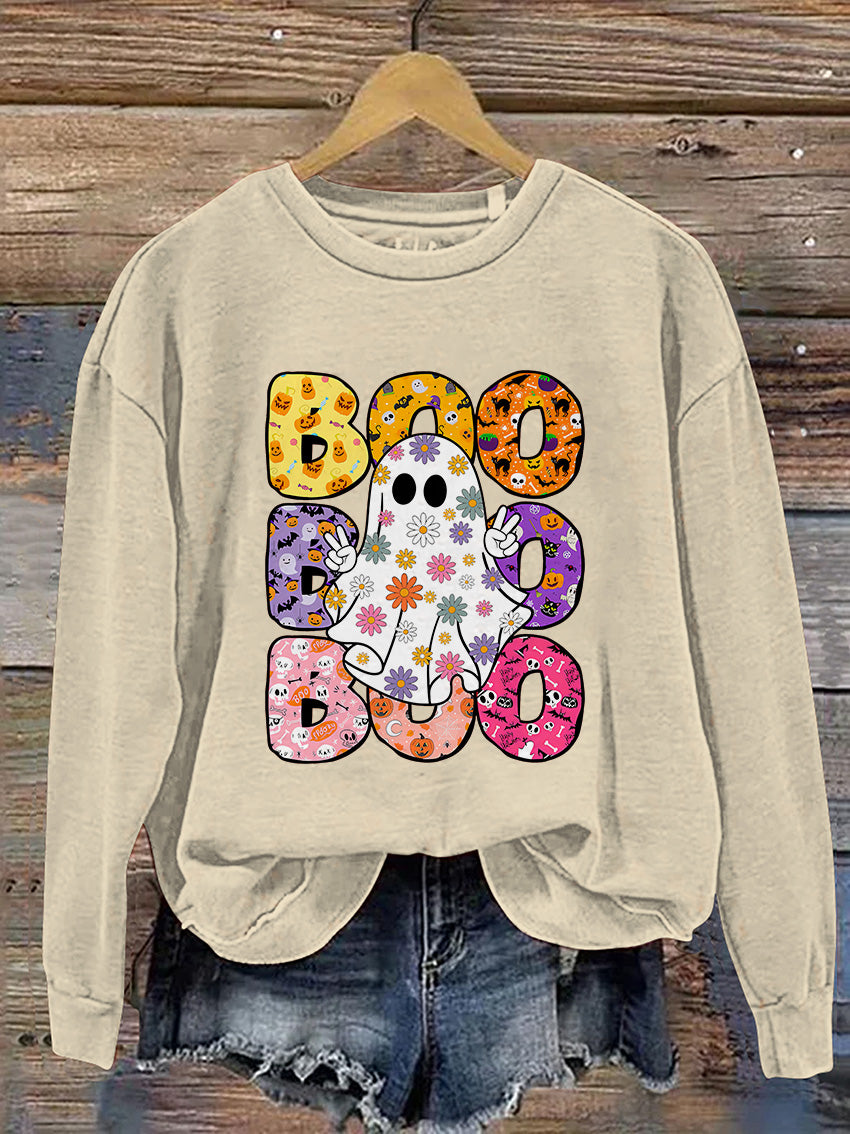 Boo Halloween Ghost Floral Halloween Casual Print Sweatshirt