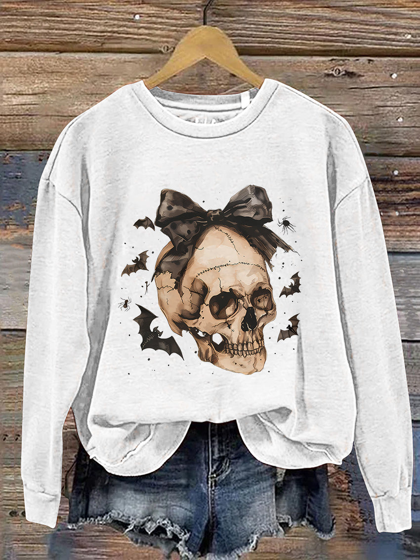 Halloween Skull Bow Casual Print Sweatshirt