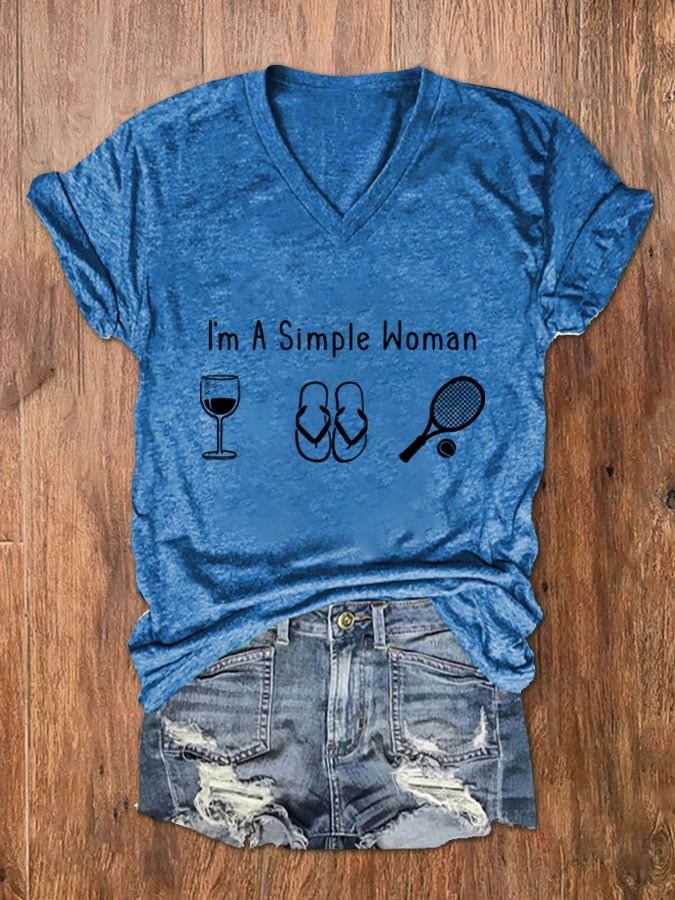 Women's I'm A Simple Woman Tennis Print V-Neck T-Shirt