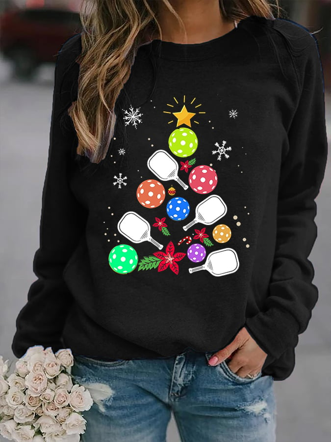 Women's Pickleball Christmas Tree Print Casual Sweatshirt