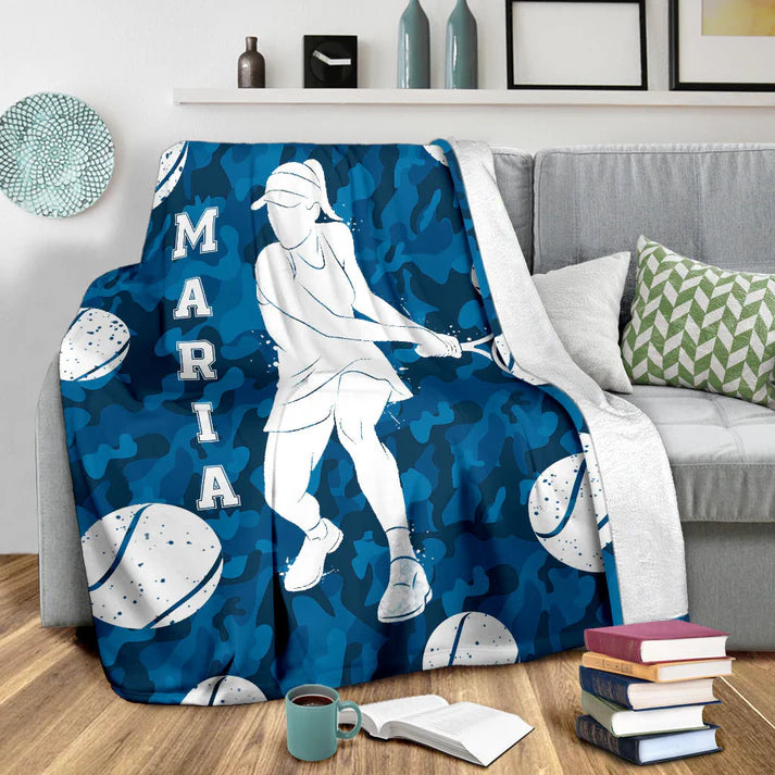 Personalized Tennis Blanket, Tennis Blue Camo Girl Player For Fan Lovers Sherpa Fleece Blanket, Custom Name Soft Cozy Plush Throw Blanket