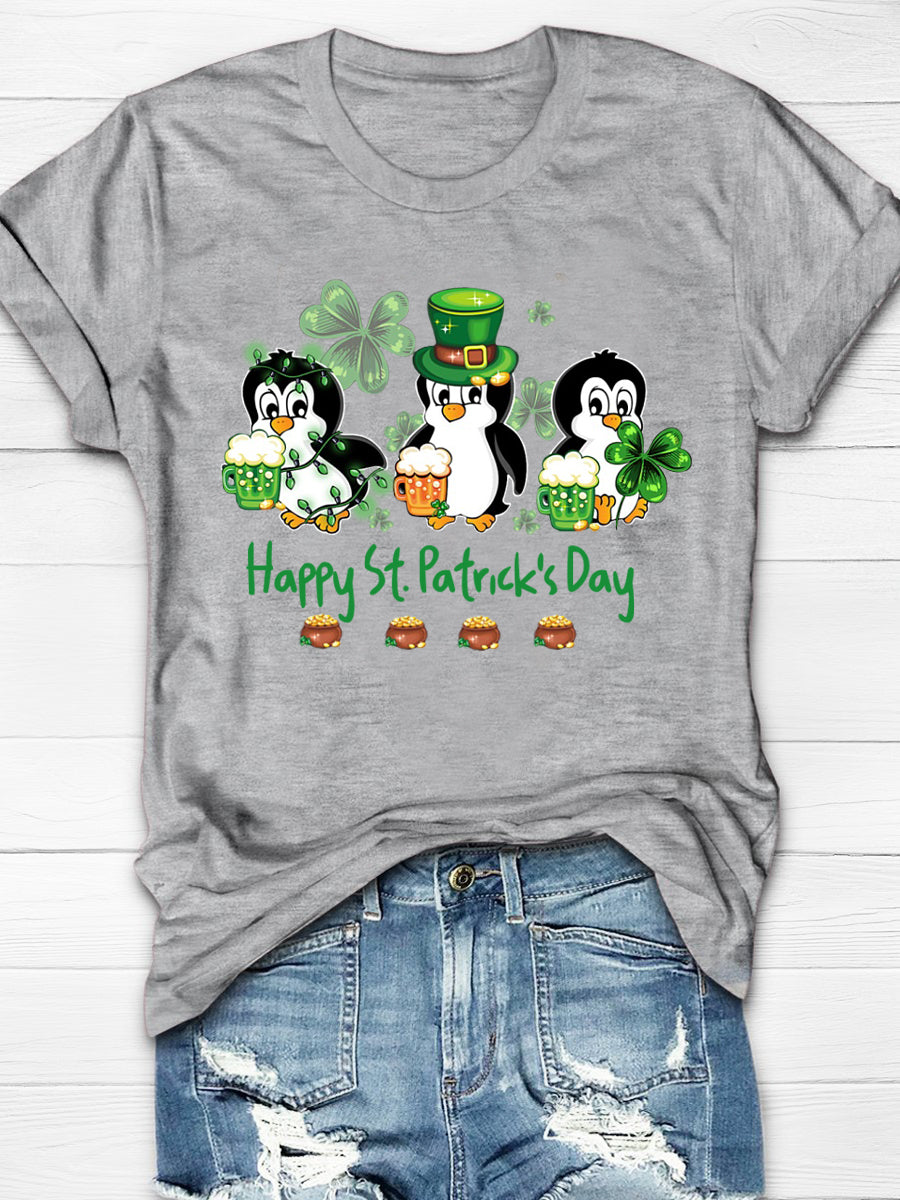 Penguin Drinking Team Happy St Patrick's Day Short Sleeve T-shirt